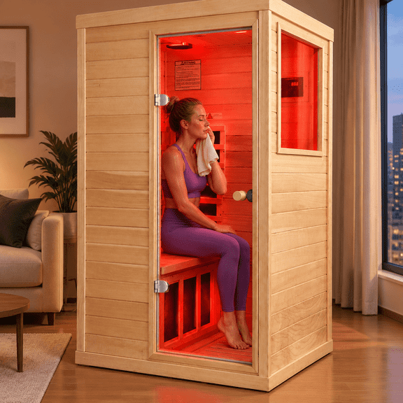 KUNSANA Far Infrared Sauna Red Therapy Light Hemlock Wood Saunas For 1Person Detox 1050W