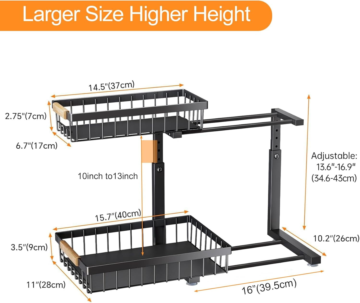 Under Sink Organizer, Adjustable Height, 2 Tier Pull Out Under Cabinet Organizer, Slide Out Thickened Metal Under Sink Storage for Kitchen Bathroom Laundry Pantry Cabinet