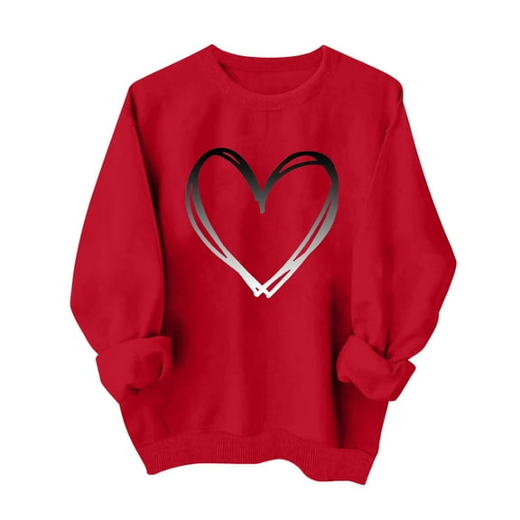 hotojiny Women's Valentine's Day Tops Fashion Heart Print Long Sleeve Loose Sweatshirts Casual Crewneck Soft Shirts