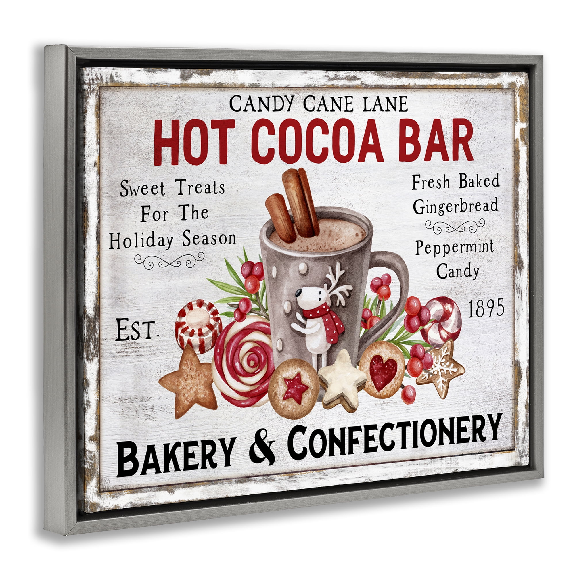 Stupell Industries Hot Cocoa Confectionery Holiday Painting Gray Floater Framed Canvas Art Prints Wall Art, 21 x 17