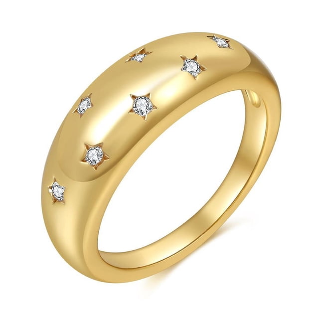 Juego de anillos de oro, anillos apilables chapados en oro de 18 quilates para mujer, juego de apilamiento de anillo de cúpula y anillo de banda, anillo de cúpula de estrella de 2 piezas, (tamaño: 8) Feliz Sencillez