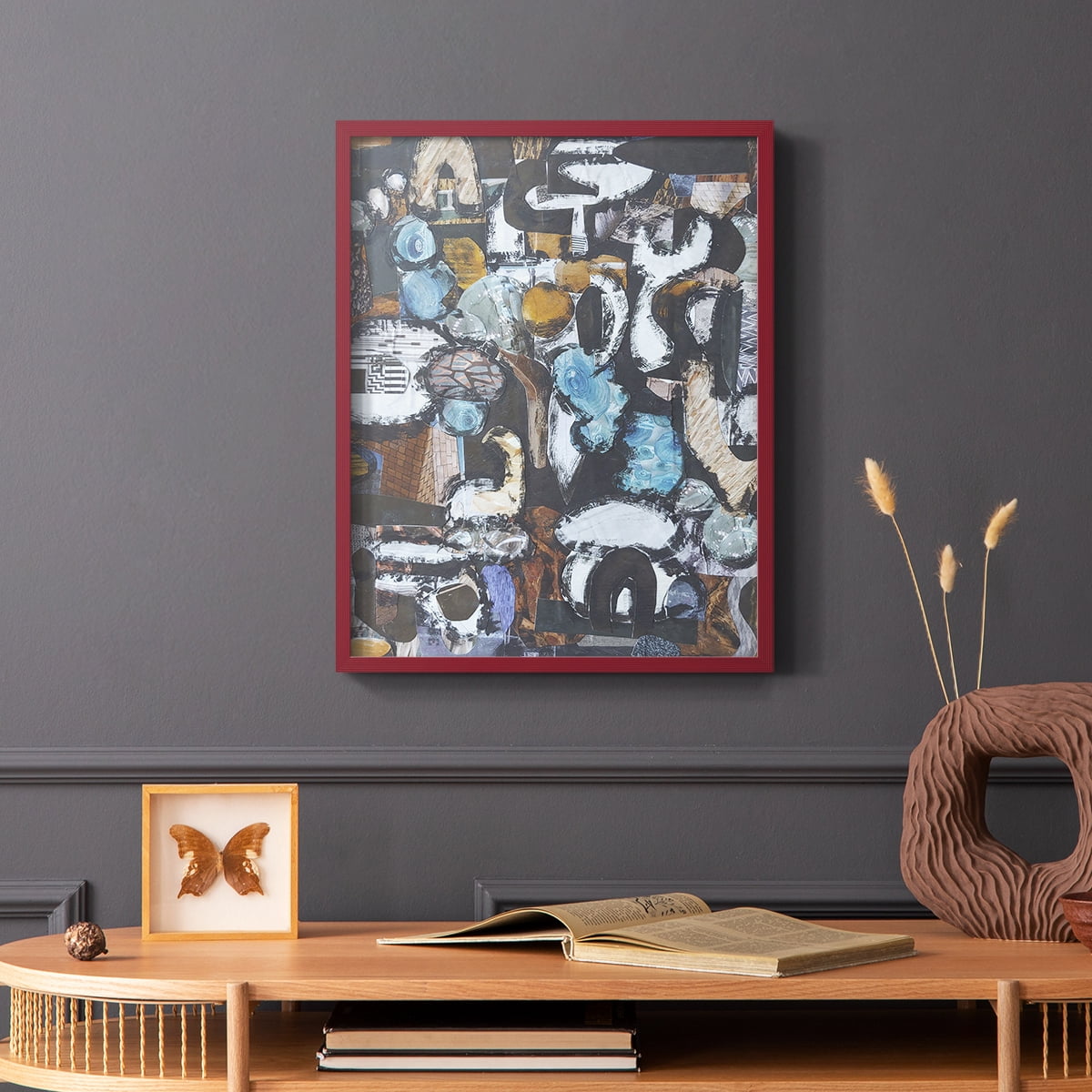 California Beach Blue Glass Framed Print in Red Solid Wood Framed Print No Nail Hanging