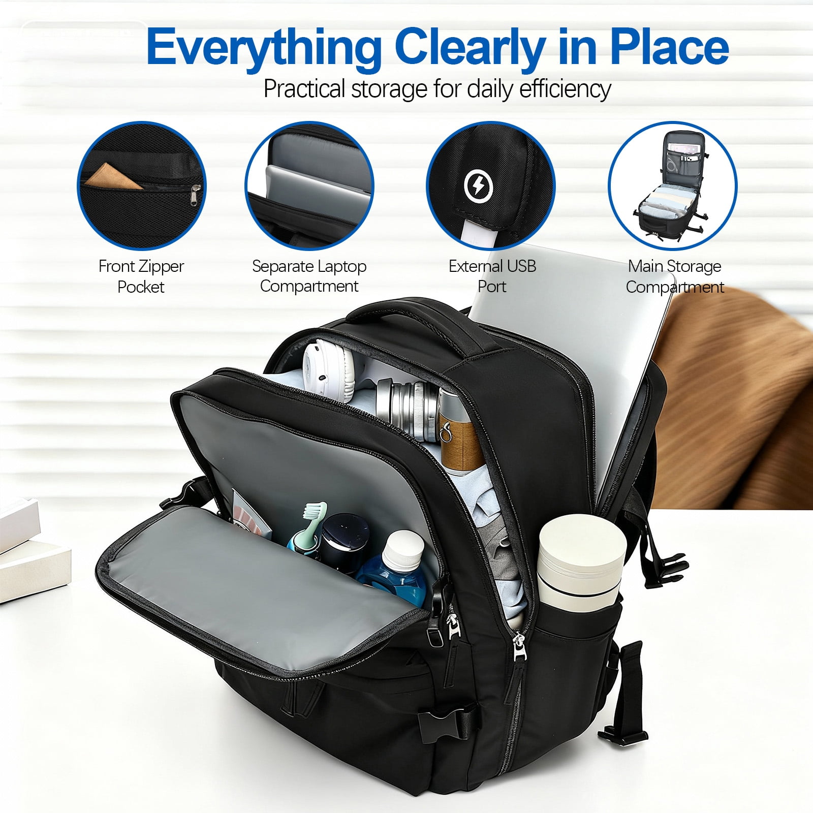 Fenbeli Expandable Travel Laptop Backpack, Fits 15.6-Inch Laptop, Water-Resistant Backpack with USB Charging Port, Anti-Theft Pocket & Luggage Strap