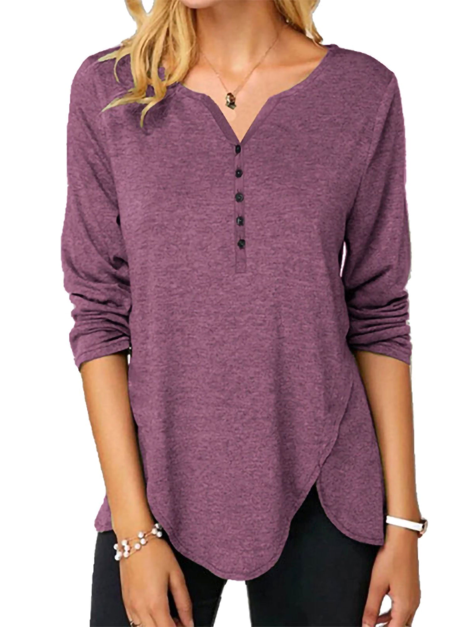 Laimeng_World Womens V Neck Henley Slim Long Sleeve Solid Button Down Basic Tops Tees Shirts 