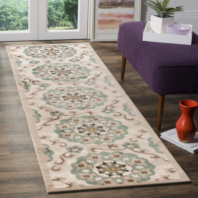 Tranquility Beige Moonrock / Light Blue Rectangle 2 ft. x 7 ft. Indoor Runner Olefin Machine Made Contemporary Eclectic Global Transitional Cool Suzani Rug