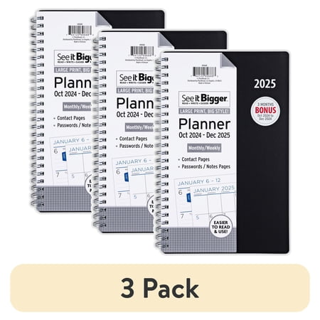 (3 pack) See it Bigger October 2024 - December 2025 Weekly Dated Planner (5.75"x 8.75") Black