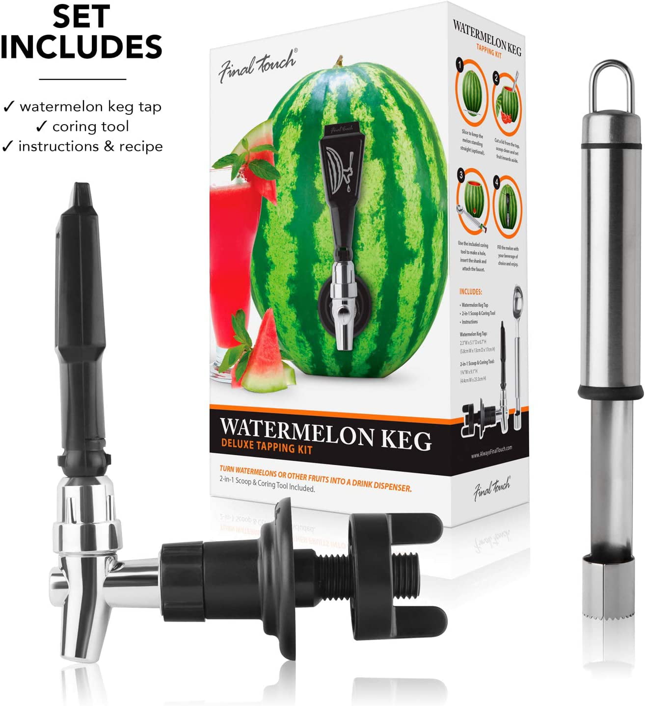 Watermelon Tap Beverage Dispenser Kit - Fruit Keg Tapping Kit & Coring Tool  - Juice DIY Spigot, Beer Faucet, Great Spout to Turn Halloween Pumpkins