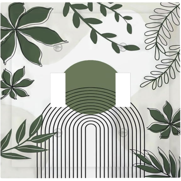 Bohemian Leaves Mid Century 2 Gang Double Toggle Light Switch Cover Abstract Green Boho Decorative Wall Plate Electrical Faceplate Botanical Modern Simple Fancy Country Farm Bathroom Home Room Decor