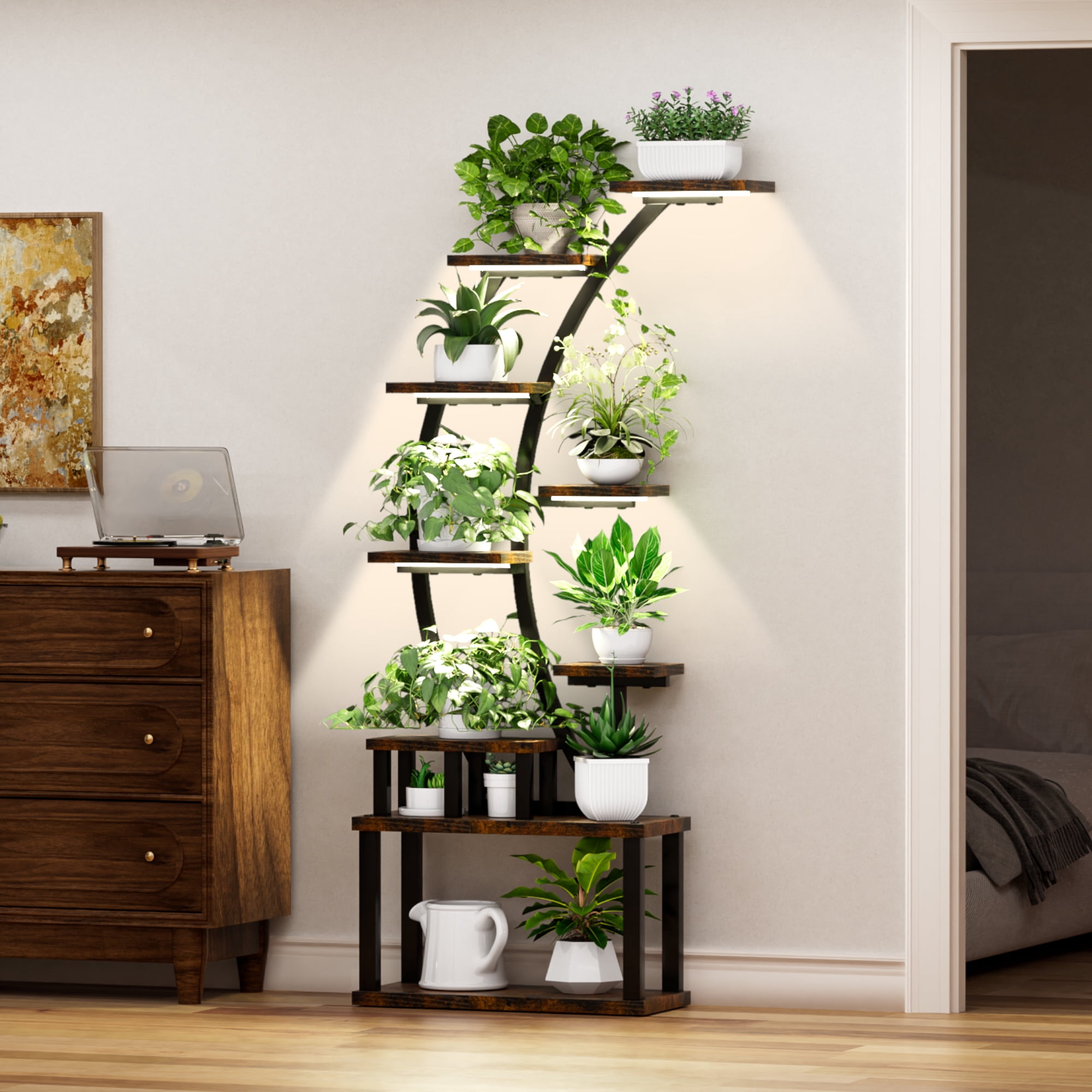 9-Tier Indoor Metal Plant Stand with 5 Full Spectrum Grow Lights, 3 Lighting Modes, 10 Brightness Levels & 3 Timer Settings, Stable Half-Moon Plant Display Shelf for Home Garden Decor