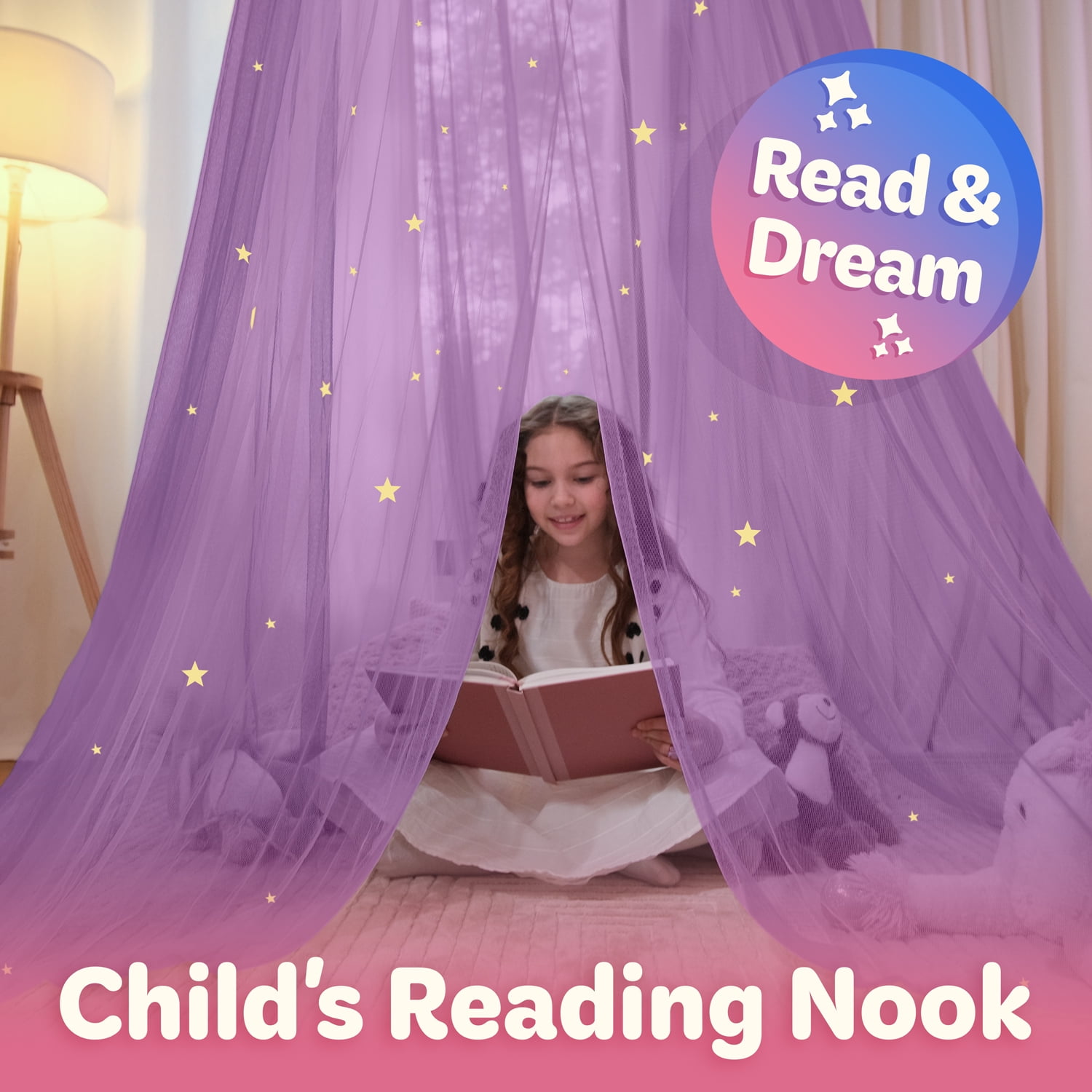Bollepo Bed Canopy for Girls with Glowing Star Room Decor for Standard Bed Size Child Canopy Purple