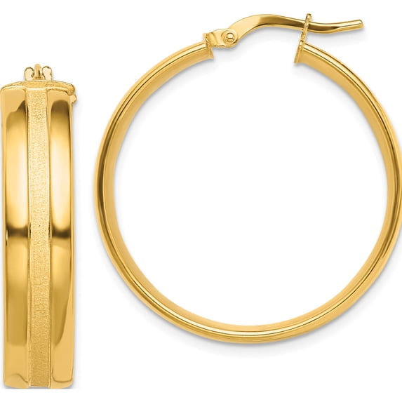 14K Yellow Gold 30mm Satin And Polished Hoop Earrings (31.7 X 30) Made In Peru tf1764