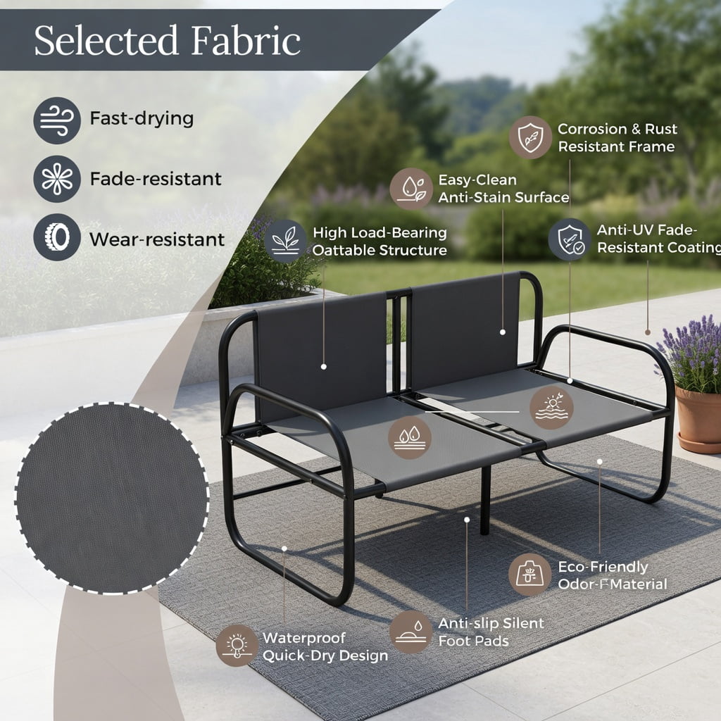 Hommoo Outdoor Patio Loveseat Sofa, 2-Person Metal Frame Couch with Removable Machine-Washable Cushions, Armrests & Adjustable Feet, Gray