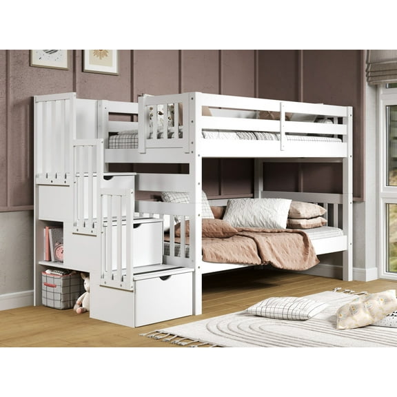 Bedz King Transitional Pine Wood Twin over Twin Stairway Bunk Bed in White