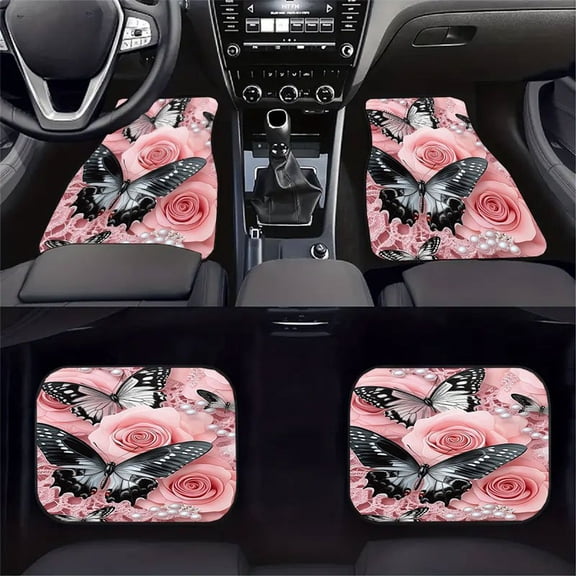 4PCS Pink Rose Butterfly Car Floor Mats Set, Crystal Velvet Anti-Slip Floor Liners, Universal Fit for Cars, SUVs & Trucks, Floral Butterfly Design, Easy Clean Interior Protection for Women