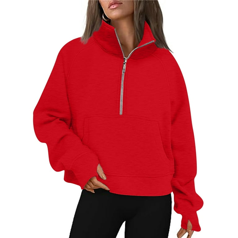 YanHoo Womens Half Zip Up Hoodies Teen Girls Y2K Cropped Sweatshirts Fleece Quarter  Zip Up Long Sleeve Pullover Sweater Tops with Pocket 