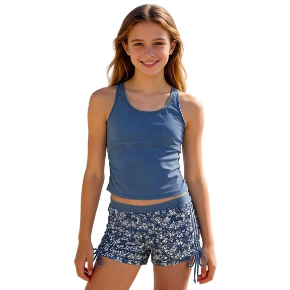 Bobifish Toddler Girls Swimsuit Set Blue Tank Top With Floral Printed Bottom Separate Rash Guard Swimsuit Kids Girls Swimwear
