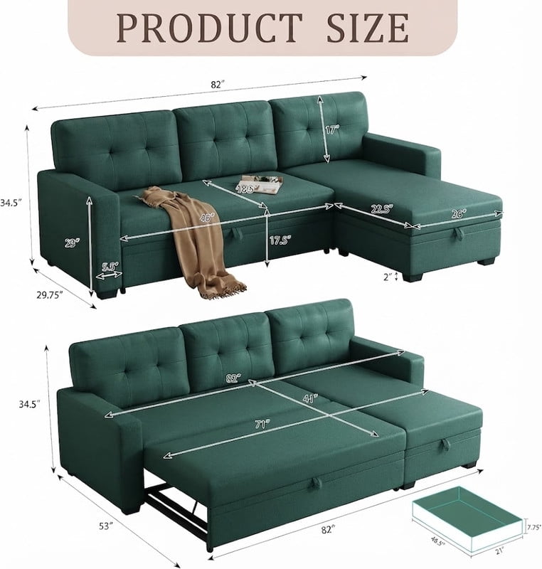 82" L-Shaped Convertible Sleeper Sectional Sofa with Pull-Out Bed, Storage Chaise, Removable Back Cushions, Modular Corner Couch for Living Room, Apartment, Home Office