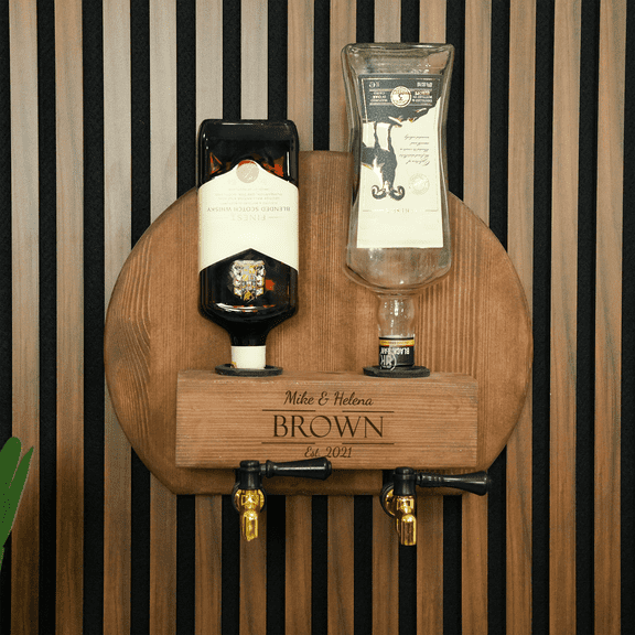 Personalized Wall-Mounted Whiskey Dispenser – Double Tap | Rustic Bar Gift in Solid Pine Wood