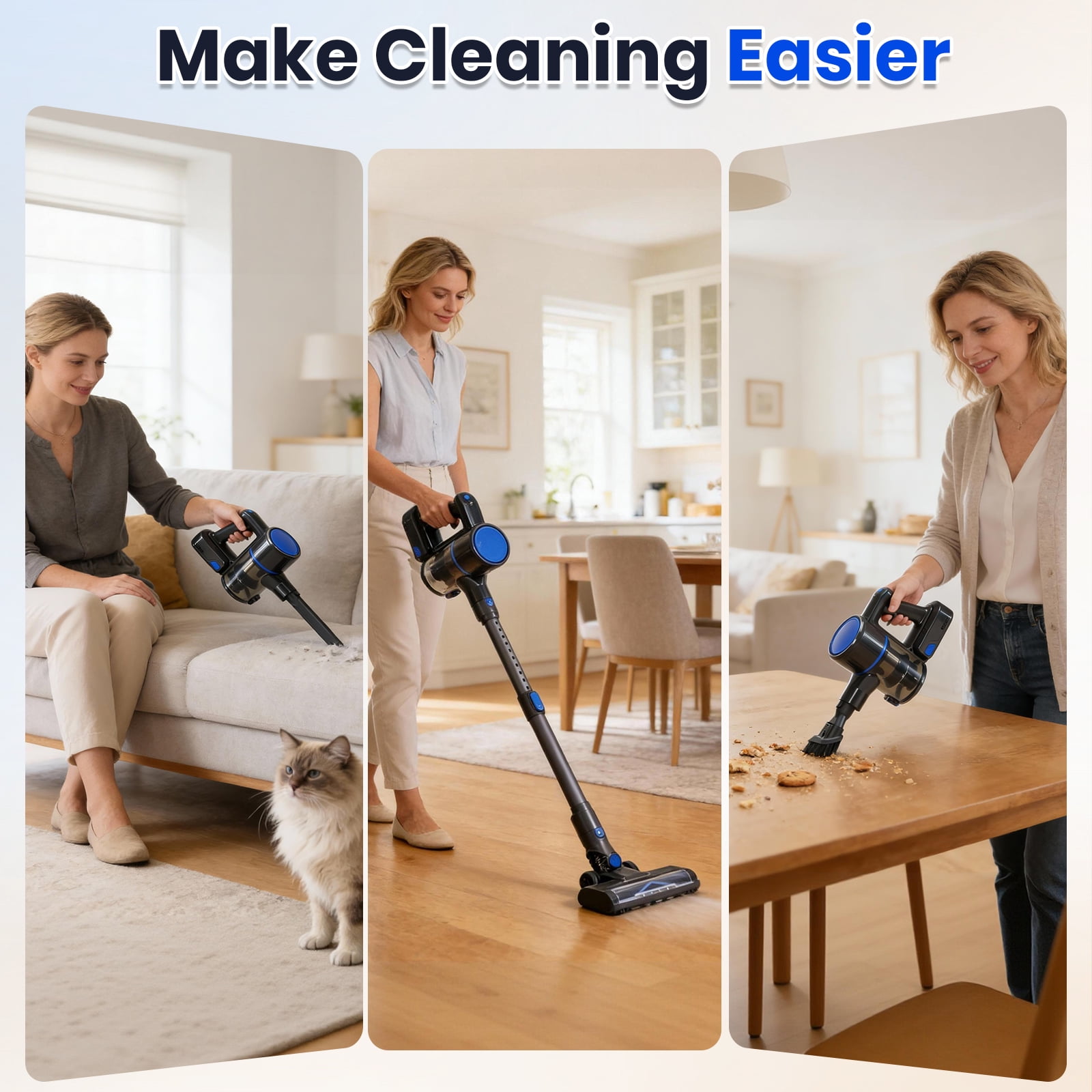 LIFERECORD Cordless Vacuum Cleaner, 180°Flexible Stick Vacuum for Pet Hair with Anti-Tangle Brush, 3 Suction Modes, LED Light for Hardwood Floors, Carpet, Furniture