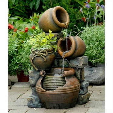 Pemberly Row Multi Pots Outdoor Water Fountain with Flower Pot