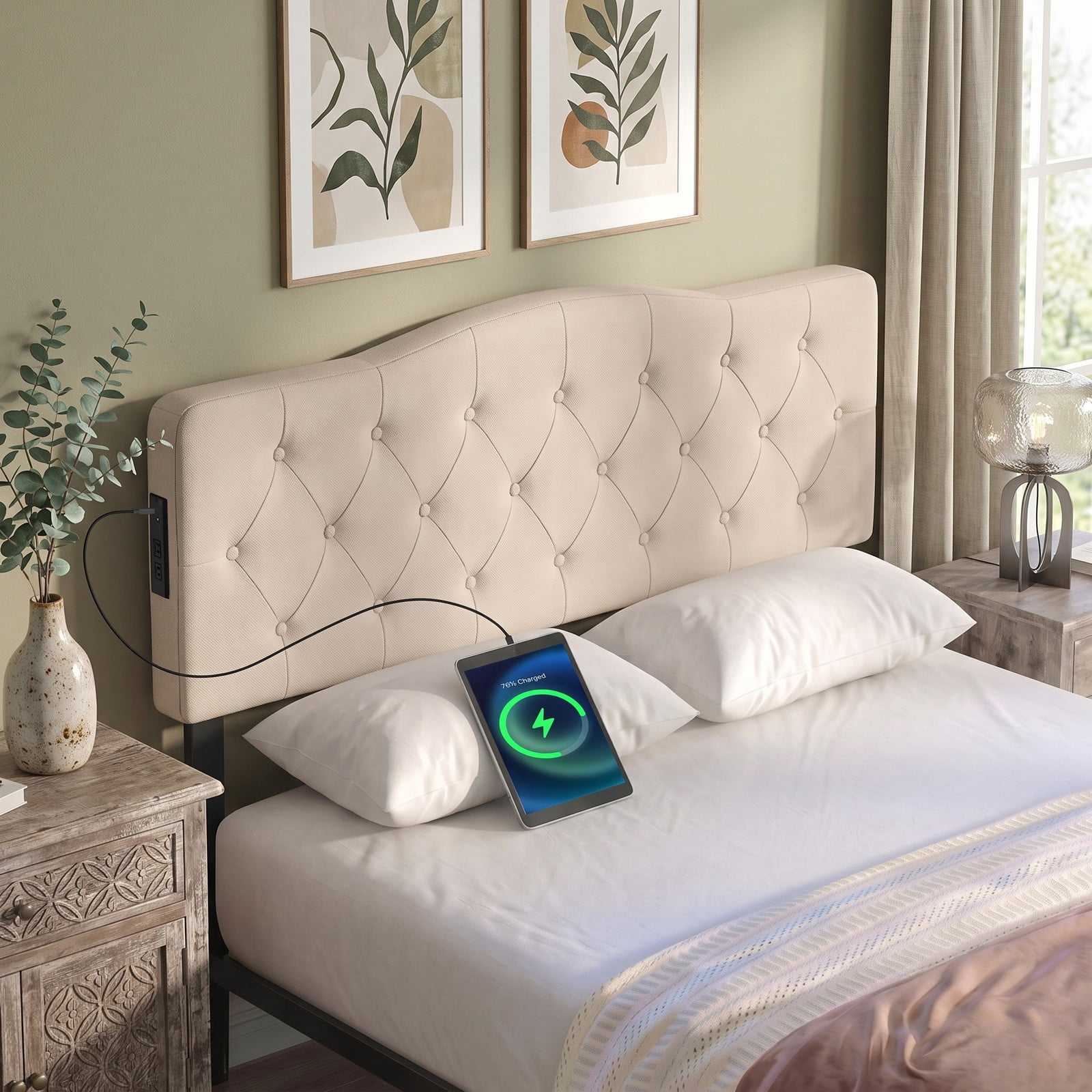 Furnibear Tufted Upholstered Headboard with Diamond Button Tufting and 2 AC Outlets and USB and Type-C Charging Ports for Full and Queen Beds, Beige