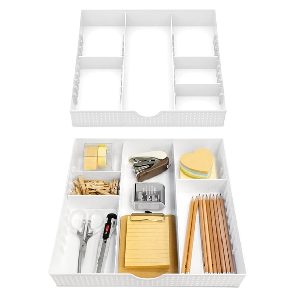 CAXXA 3 Slot Drawer Organizer with 4 Adjustable Dividers - 7 Compartments Junk Drawer Storage for Makeup & Vanity, Office Desk Supplies and Accessories,WHITE (2 pack)