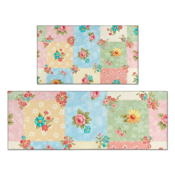 Pioneer Flower Floral Print Pattern Kitchen Rugs Sets Of 2, Anti Fatigue Non Slip Washable Floor Mats for Kitchen Sink Laundry, 17X30 Inch 17X47 Inch