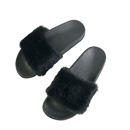 

HOMEMAXS Pair Of Flat On Cosy Fluffy Sandals Slippers Flops Ladies Shoes Sliders Plush Funny Comfort Autumn Winter Indoor Slippers Size 37 (Black)