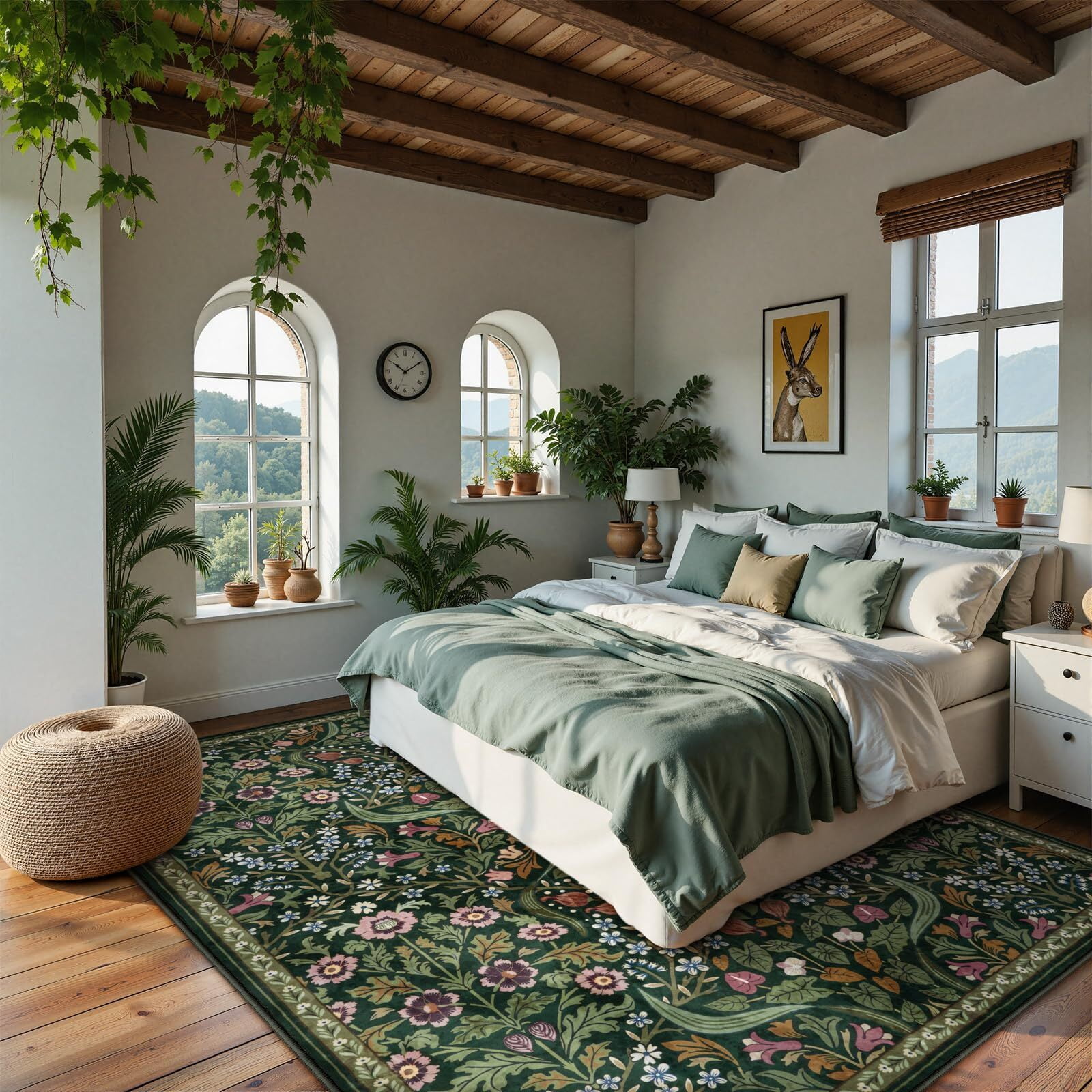 Lahome Floral Washable 8'x10' Rug, Large Rugs for Living Room, Green Soft 8 x 10 Boho Bedroom Rugs, Non Slip Botanical Ultra Thin Floor Carpet for Dining Room Nursery, Green