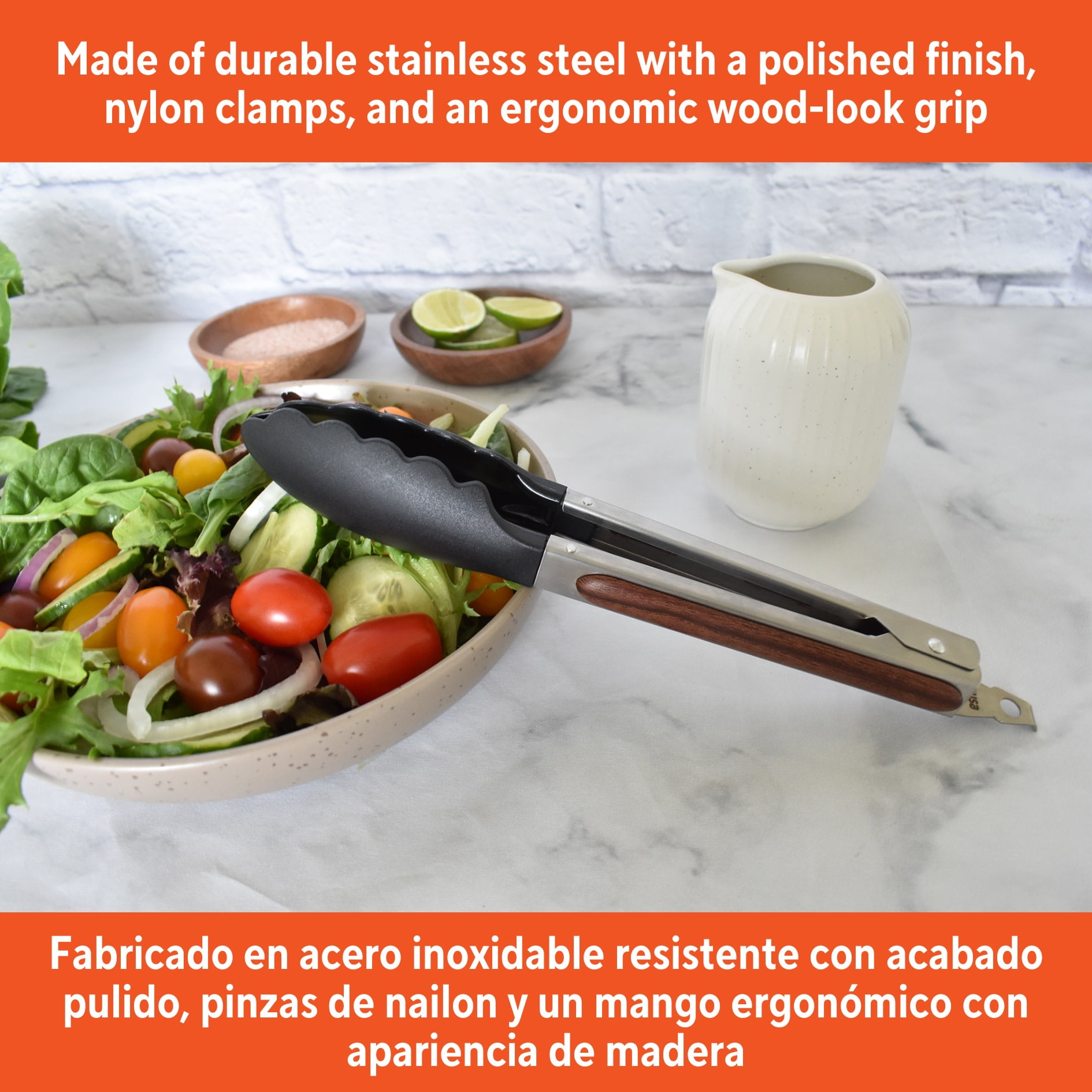 IMUSA 9in Chef WL Stainless Steel Food Tongs with Nylon Tips and Wood Look Grip