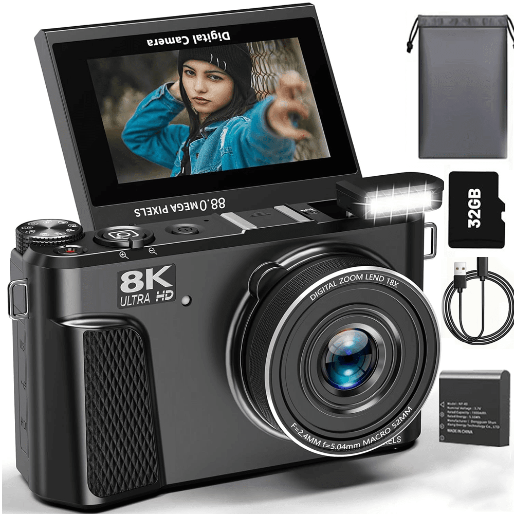 8K Digital Camera 88MP with 3" 180° Flip Screen, 18x Zoom, Autofocus, Lens Cover, Optional 32GB Card, Dark Gray