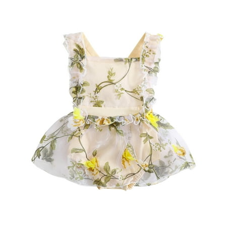 

Bagilaanoe Newborn Baby Girl Rompers Dress Flower Print Fly Sleeve Bodysuit + Headband 3M 6M 12M 24M Infant Tulle Patchwork Summer A-line Dress