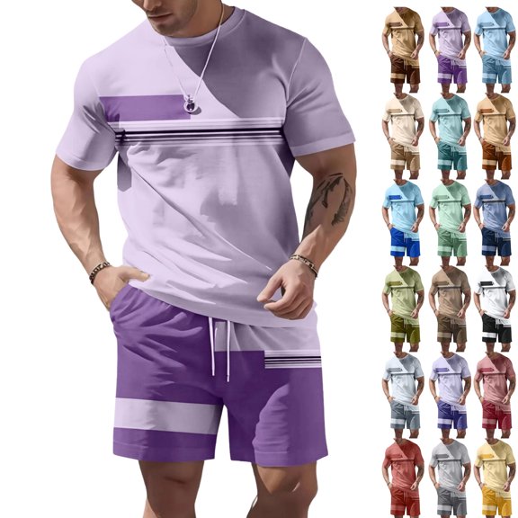 Sewkxo Men's Summer Casual 2 Piece Crew Neck Outfits Short Sleeve Shirt and Shorts Sets Beach Vacation,Dark Purple 4XL