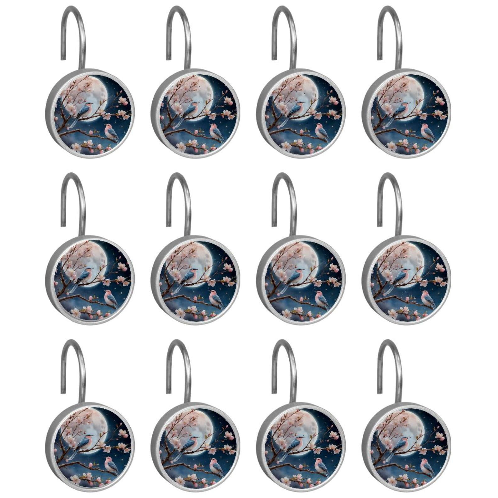 Imobaby 12 Pcs Metal Shower Curtain Hooks Rust Proof for Shower Curtain Liner - Moonlight Magpie Pink