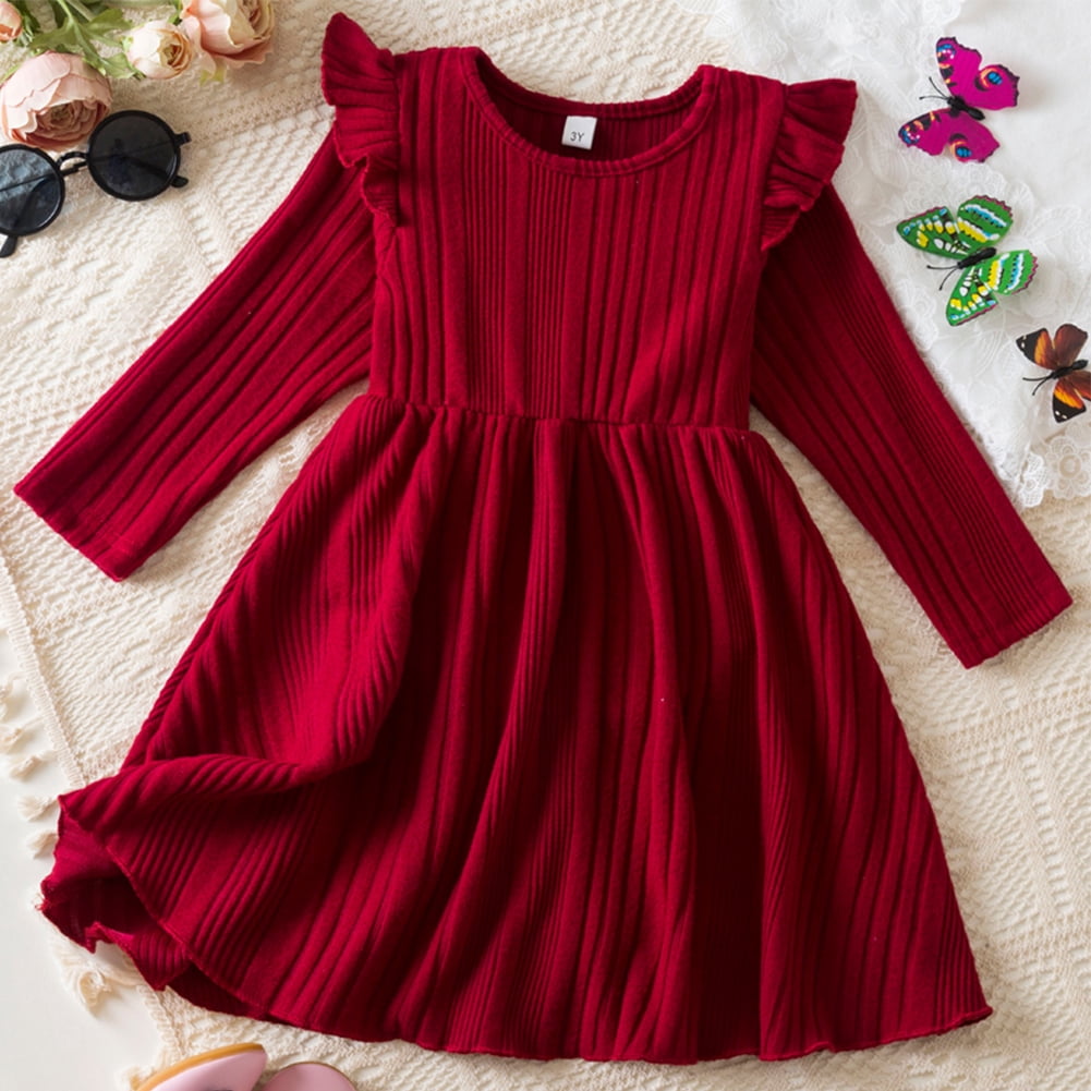 IWEMEK Long Sleeve Dress for Girls Pleated Round Neck Vintage Red Dresses Xmas Party Dress Comfy Knitted Outfit Set 7T