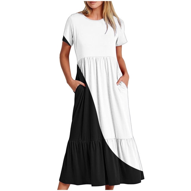 FAIWAD Robe Femme Grande Taille Manches Courtes Robe d'Été Décontractée à Blocs de Couleur Robe Évasée avec Poches