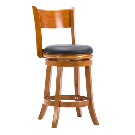Benjara Sabi 24 inch Swivel Counter Stool, Solid Wood, Faux Leather, Brown, Black