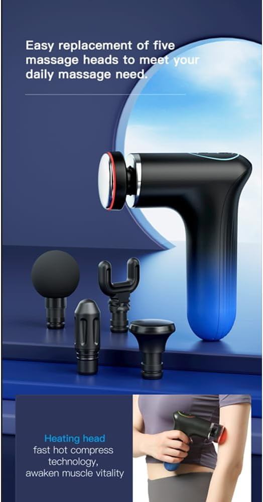 Mini Massage Gun Deep Tissue with Heat Head, Portable Small Heated Massage Gun for Athletes, Electric Muscle Massager, 5 Massage Heads