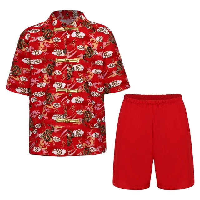 iiniim Garçons Coton Uniforme Tang Brodé Dragon Traditionnel Chinois Kung-Fu Tang Arts Martiaux Ensembles Rouge-F 140