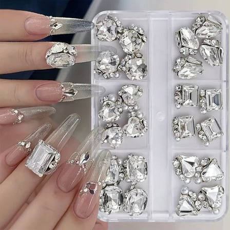 24PCS Luxury 3D Pearl Rhinestone Nail Charms Set 6 Mixed Styles Hearts, Stars, Snowflakes for Nail Art and DIY Craft Decoration