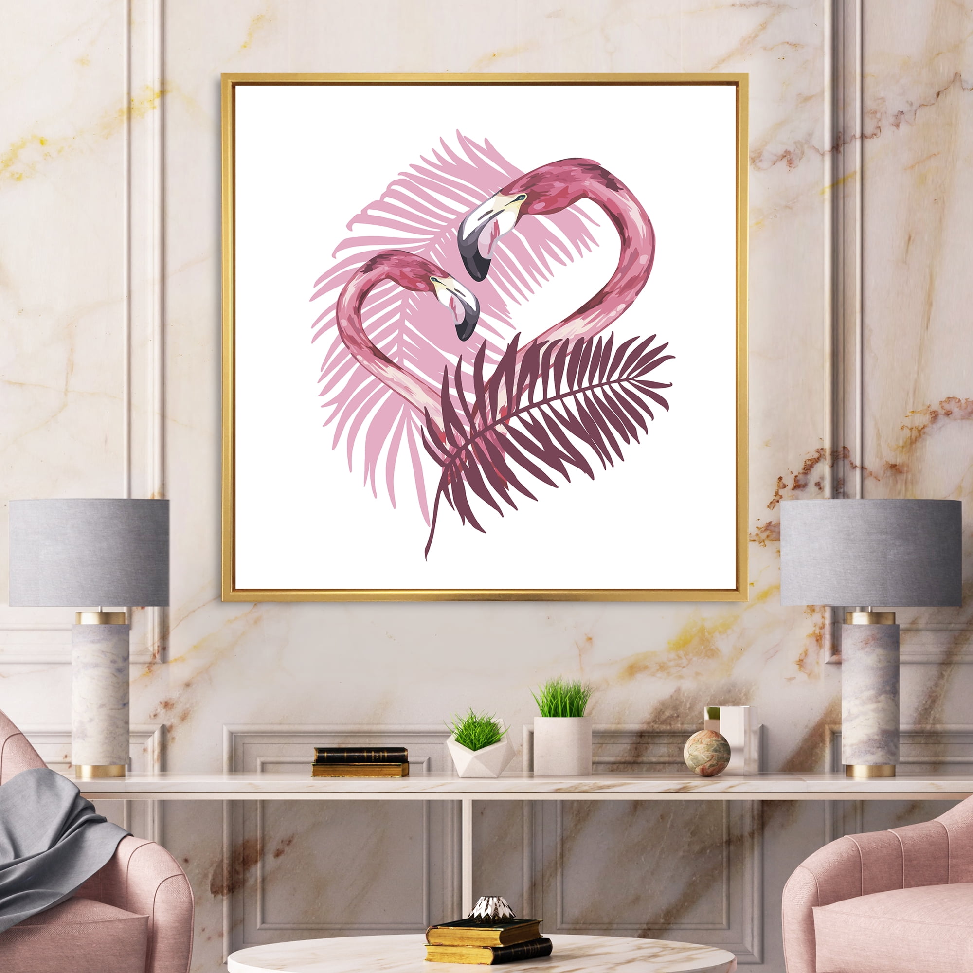 Designart 'Pink Flamingo In Tropical Summer II' Tropical Framed Canvas Wall Art Print
