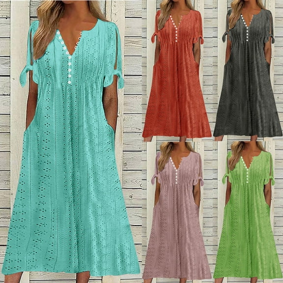 Summer Dresses for Women 2025, Fashion Women Summer Casual V-Neck Short Sleeve Button Long Dress(Sky Blue,S)