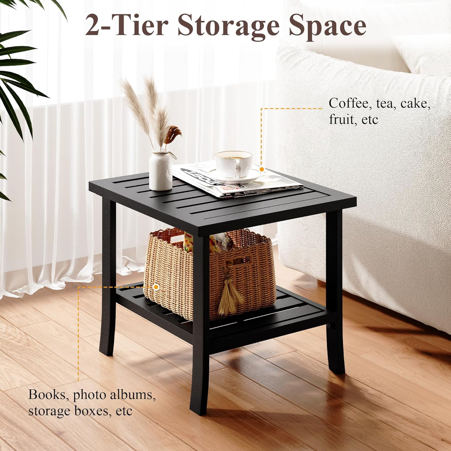 Heynemo 2-Tier Storage Square Patio Side Table, Outdoor Coffee Table, All-Weather Metal Patio End Table for Porch Backyard Garden, Black