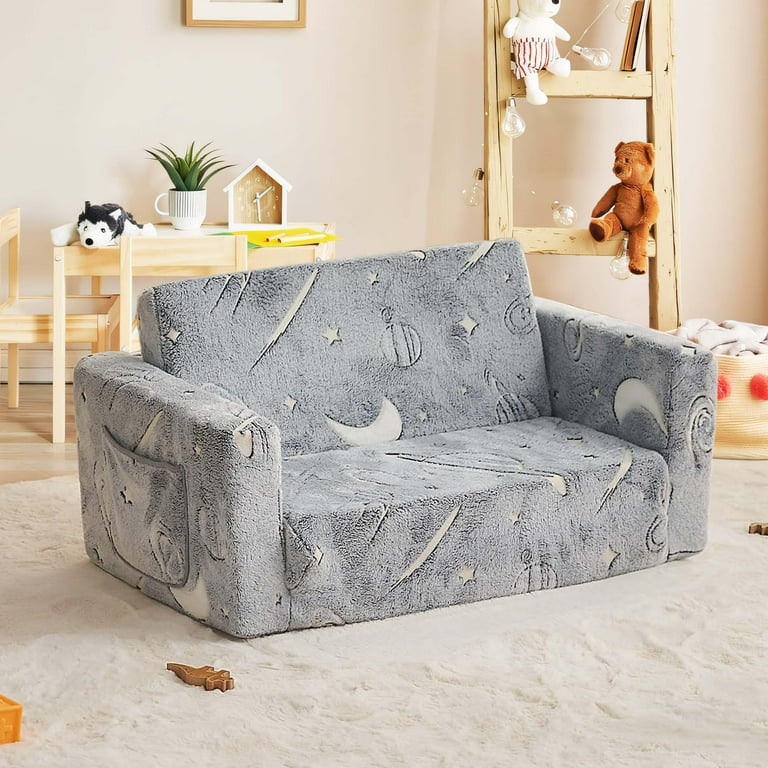 Teler Kids Couch Toddler Chair Kids Sofa Extra Wide Glow in The Dark Baby Convertible Sofa Foldable Toddler Bed for Kids Girls Boys