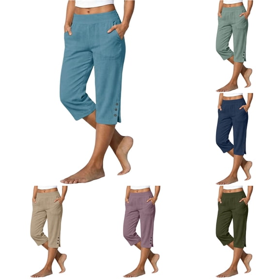Xijirk Women Blend Capri Pants with Elastic High Waist Side Pockets Button Detail for Casual Daily Outdoor Wear,Navy,XXL