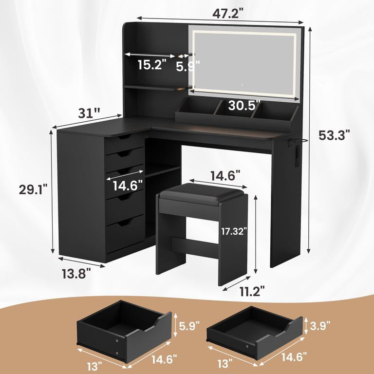 Lacoo L-Shaped Corner Vanity Desk with LED Mirror & Stool, 5-Drawer Makeup Vanity Table with Charging Station & Hair Dryer Rack, Space-Saving Corner Vanity Set for Bedroom, Black