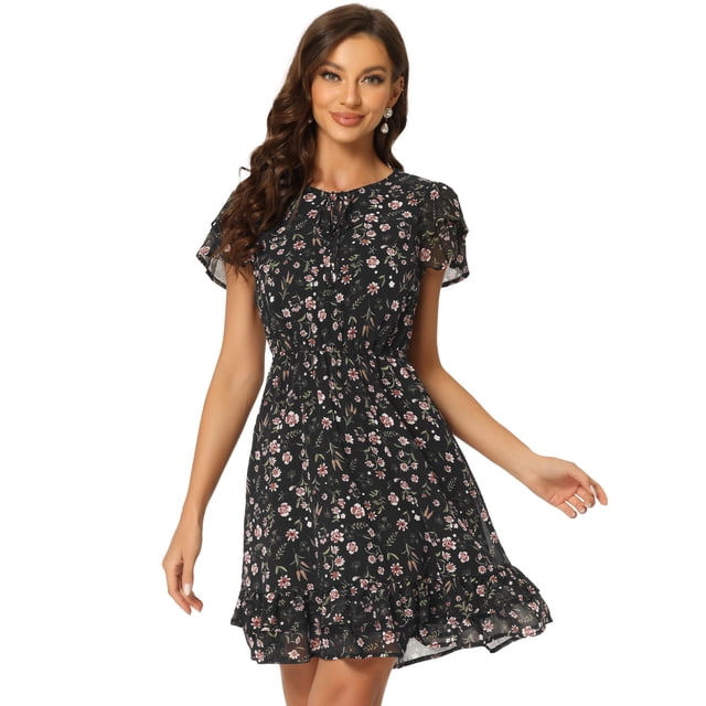 INSPIRE CHIC Women's Ruffled Sleeve Self-Tie V Neck Above Knee Chiffon Floral Ruffle Dress