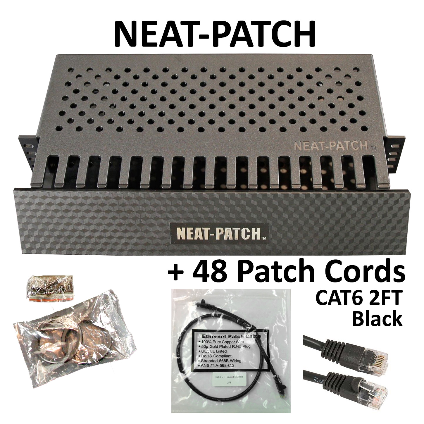 Neat Patch Cable Management Unit w/ 48 CAT6 Patch Cables (2FT Black