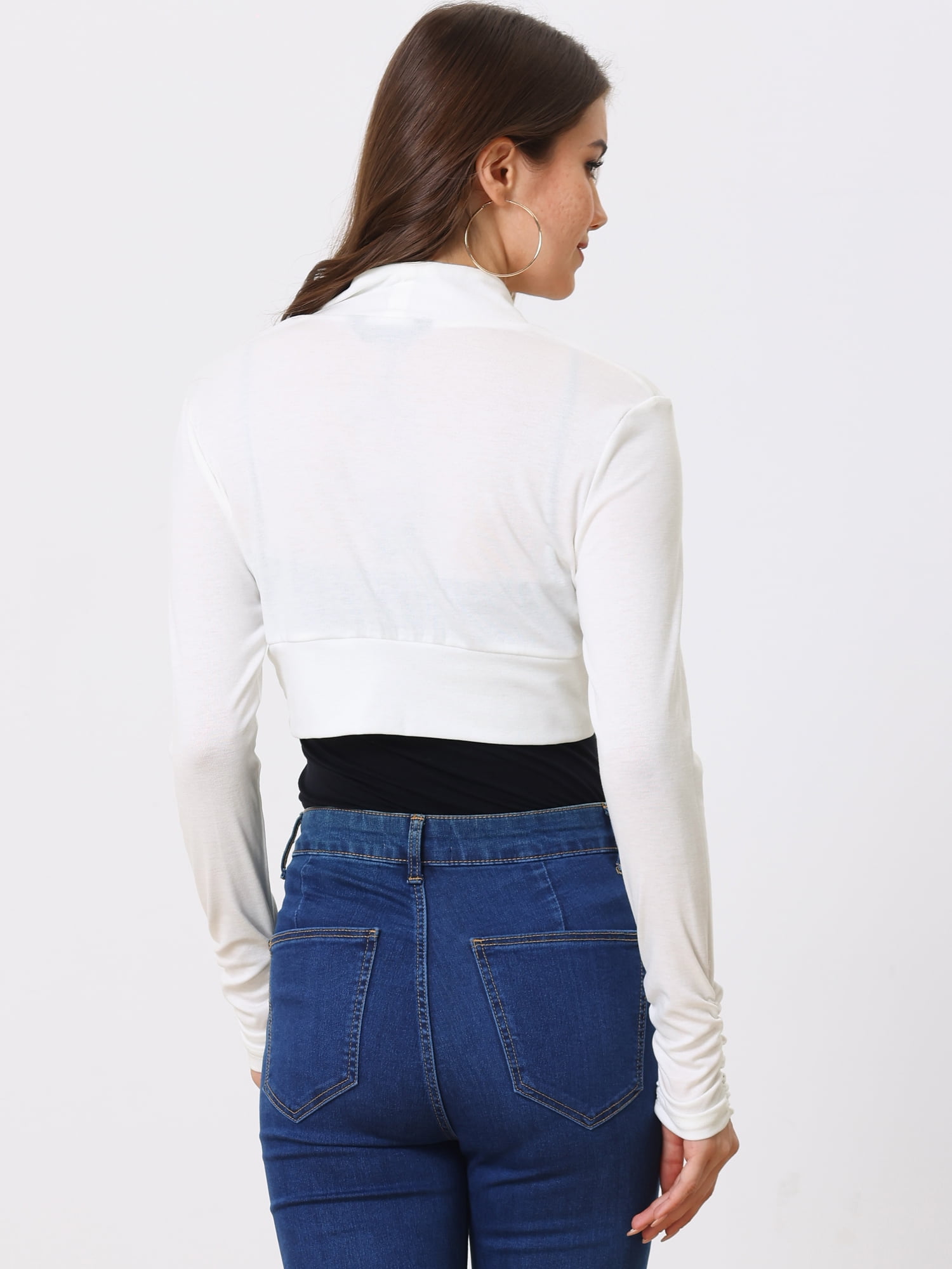 Unique Bargains Women's Bolero Shrug Top Ruched Long Sleeve Open Front Cropped Cardigan XS White