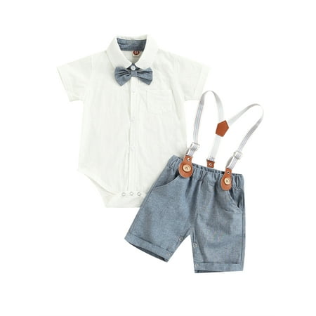 

Qtinghua Newborn Infant Baby Boy Gentleman Outfits Short Sleeve Romper Shirt Tops with Bowtie+Suspenders Pants Set Blue 6-12 Months